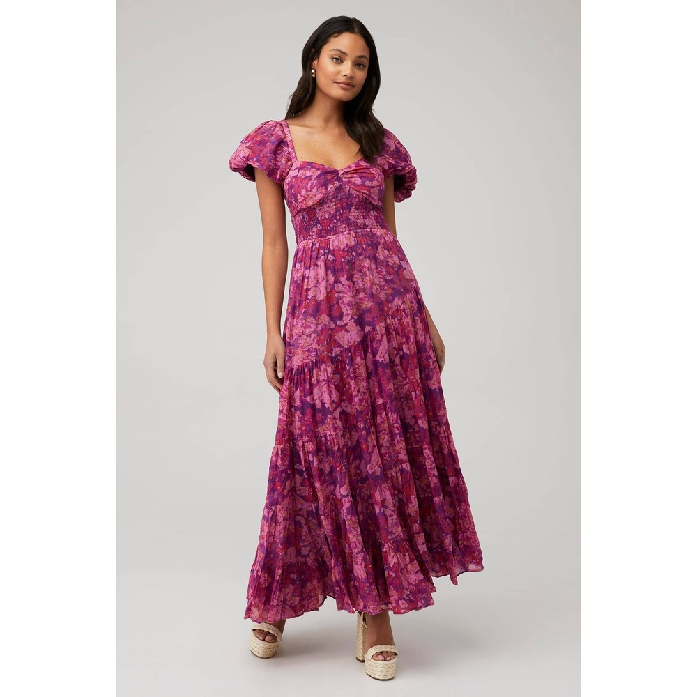 Free People Ultraviolet Sundrenched Maxi Dress Purple Floral Smocked Puff Sleeve